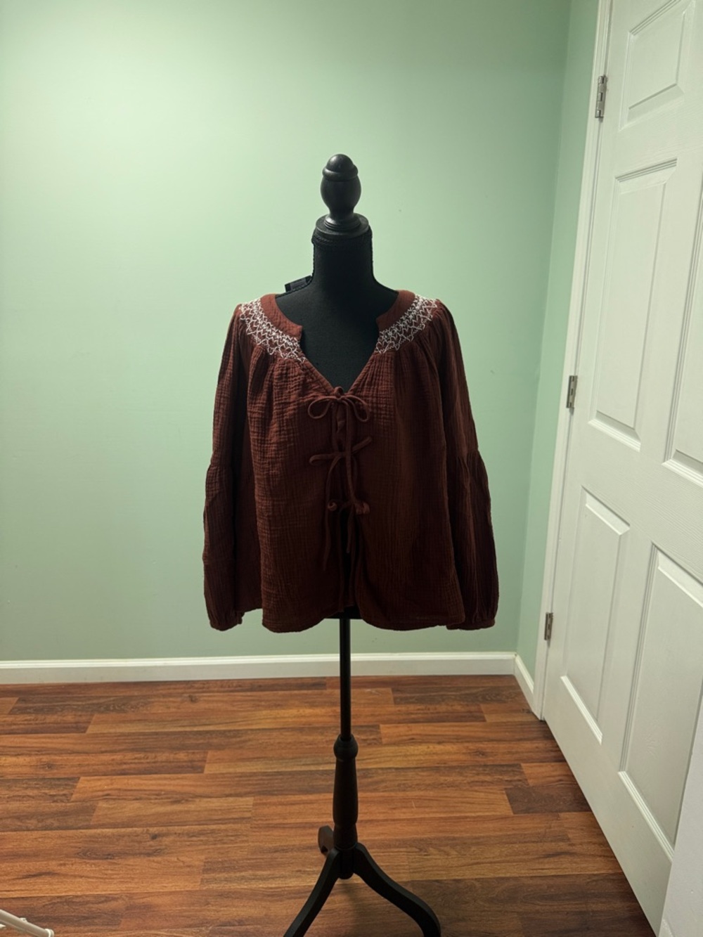 Universal Thread Rust Tie-Front Embroidered Peasant Top